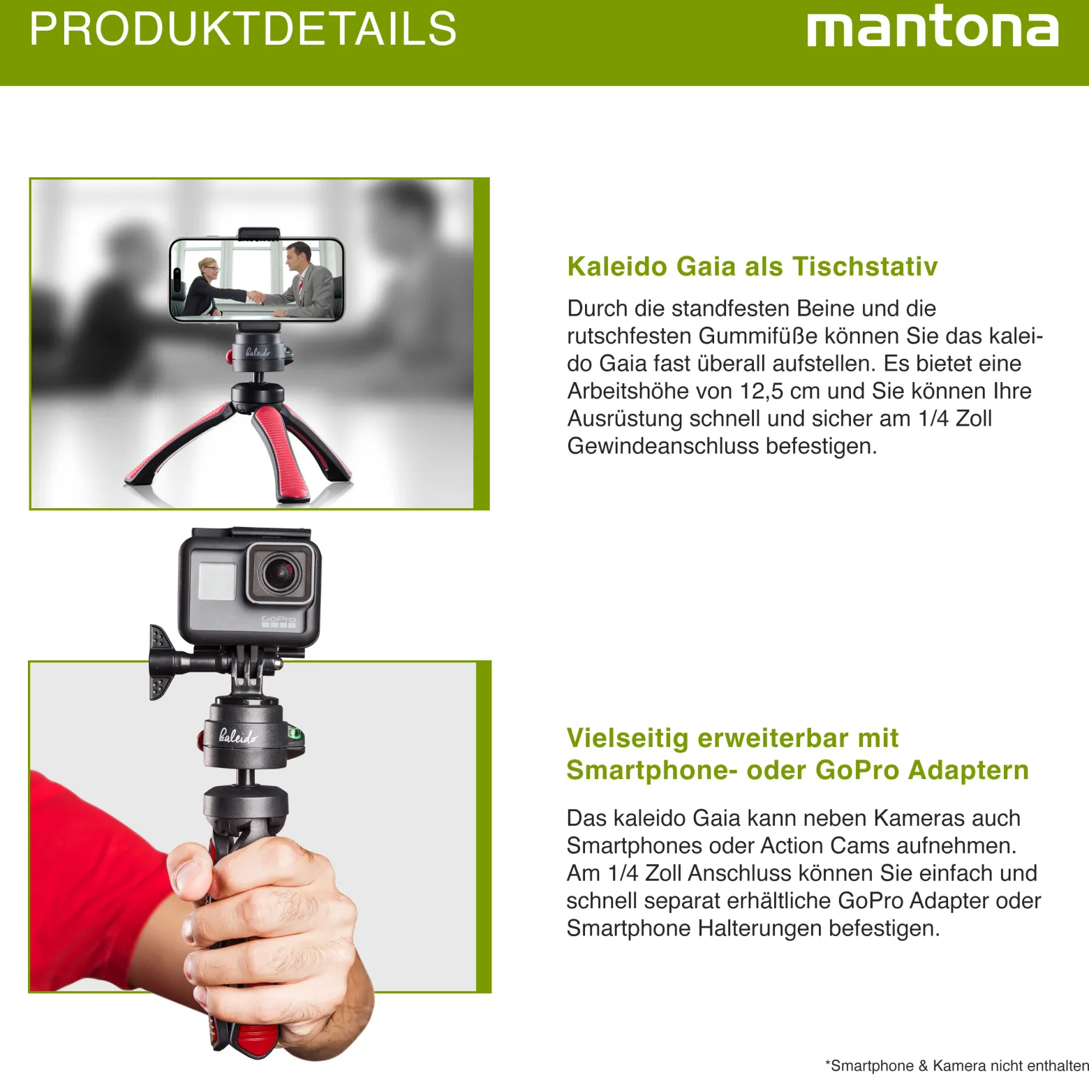 Mantona Kaleido Gaia Stativ sundown red - 170 x 54 x 54 mm / Traglast max. 2,5 kg - kompaktes 3-Bein-Stativ, 360° Kugelkopf, 1/4" Anschluss, Wasserwaage, Schlaufe - Fotografie Studio