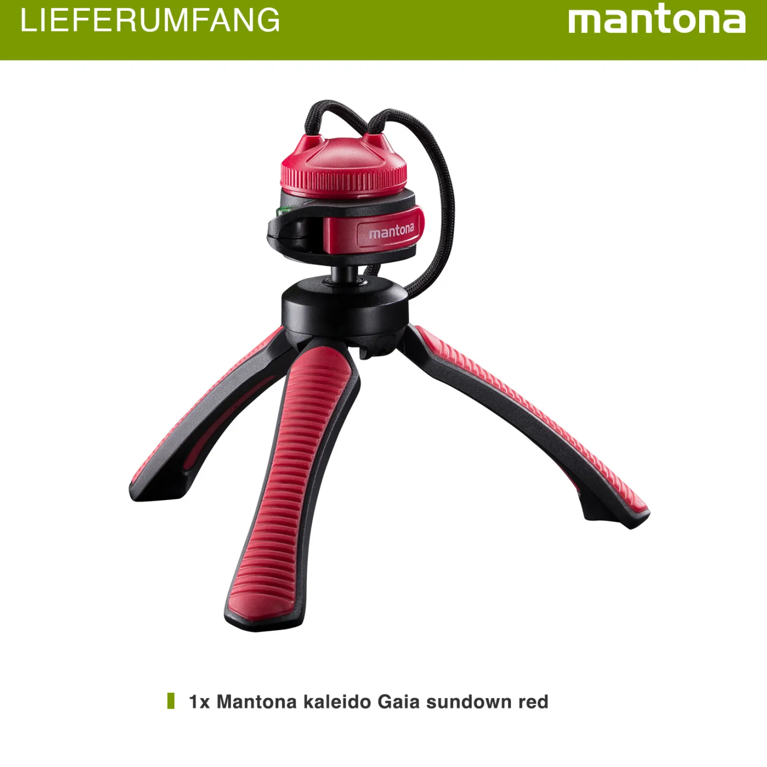 Mantona Kaleido Gaia Stativ sundown red - 170 x 54 x 54 mm / Traglast max. 2,5 kg - kompaktes 3-Bein-Stativ, 360° Kugelkopf, 1/4" Anschluss, Wasserwaage, Schlaufe - Fotografie Studio