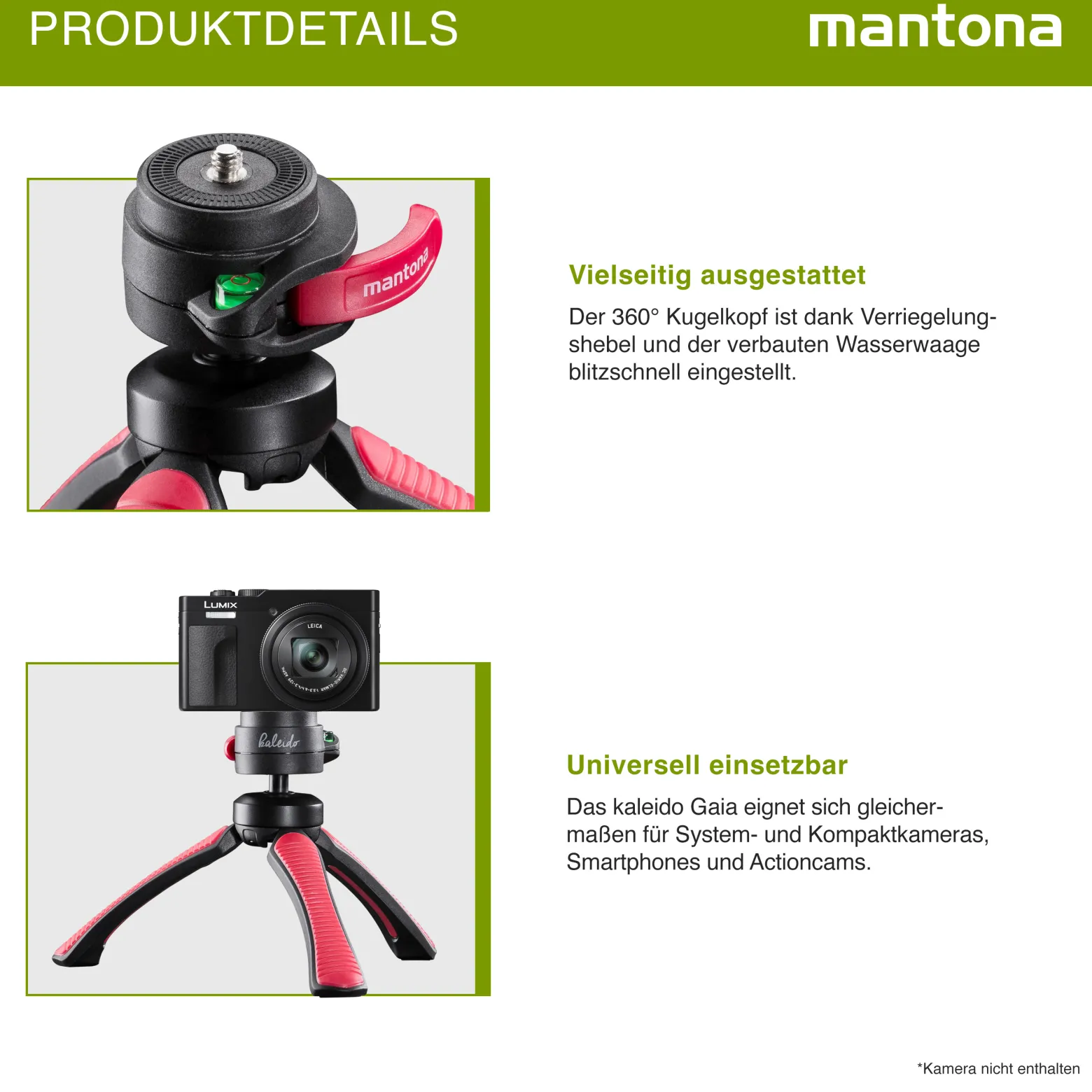 Mantona Kaleido Gaia Stativ sundown red - 170 x 54 x 54 mm / Traglast max. 2,5 kg - kompaktes 3-Bein-Stativ, 360° Kugelkopf, 1/4" Anschluss, Wasserwaage, Schlaufe - Fotografie Studio