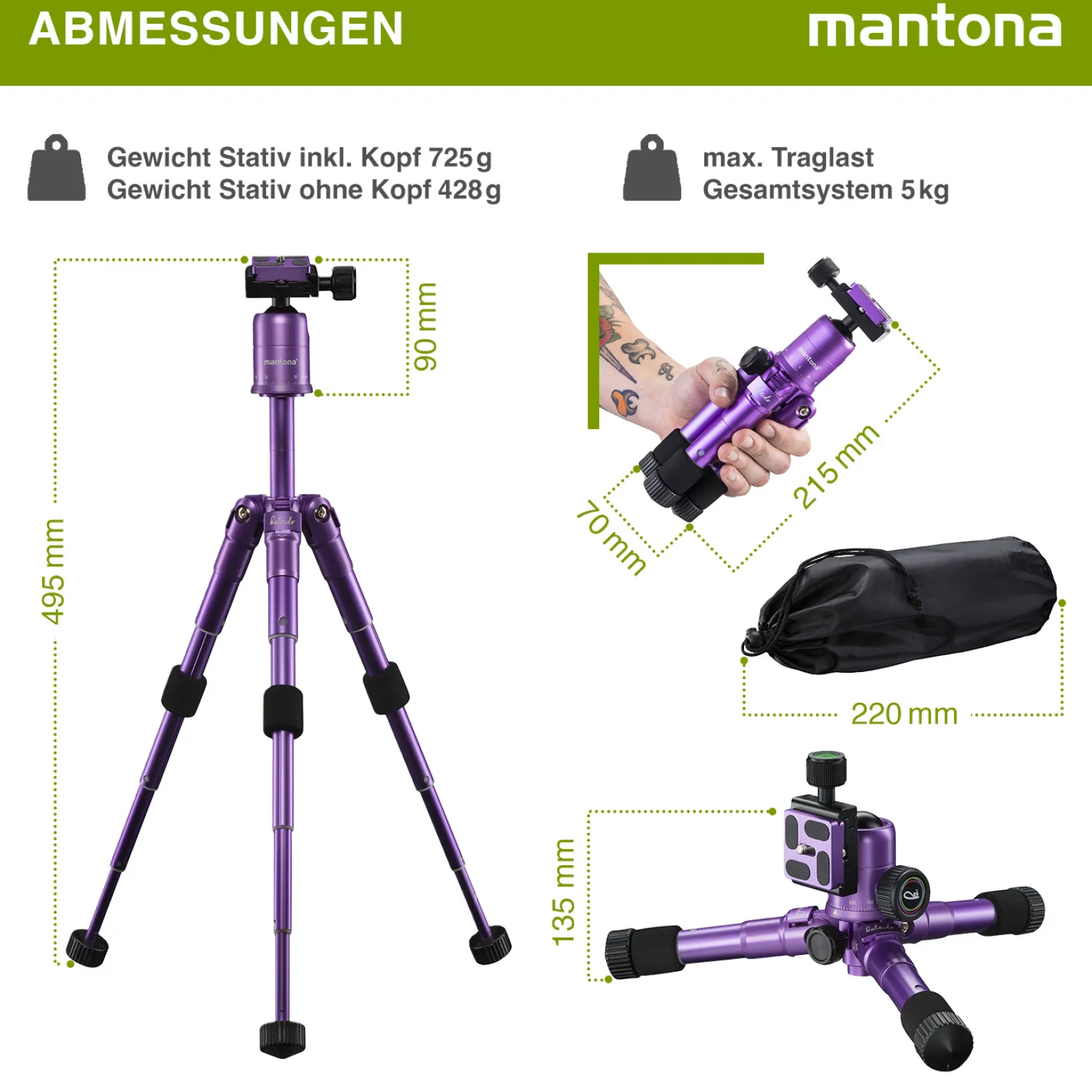 Mantona Kaleido Mini Tischstativ in light purple metallic Reisestativ inkl. Kugelkopf mit Schnellwechselplatte und Transporttasche