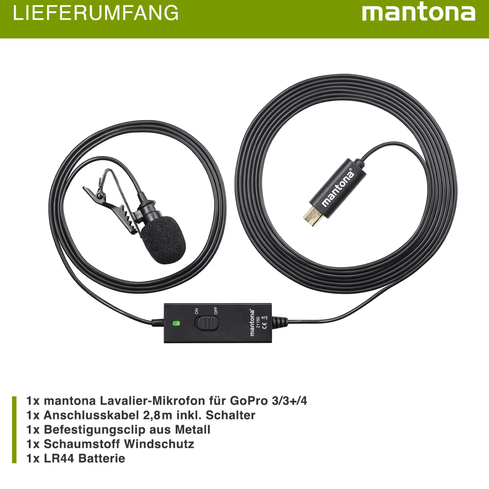 Mantona Lavalier Kondensator Mikrofon - 35 Hz-20 kHz - mit 2,8 m Kabel, Clip, Mini USB Stecker und Windschutz - kompatibel mit GoPro 3 3+ 4 - für Interviews und Reportagen