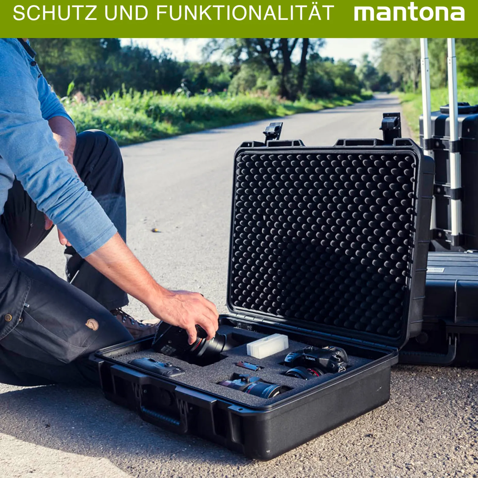 Mantona Outdoor Schutzkoffer M, wasserdichter Fotokoffer 11 l , Kamerakoffer staubdicht & stoßfest, Transportkoffer mit Schaumstoffeinlagen, ideal für Kameras, Objektive & Zubehör