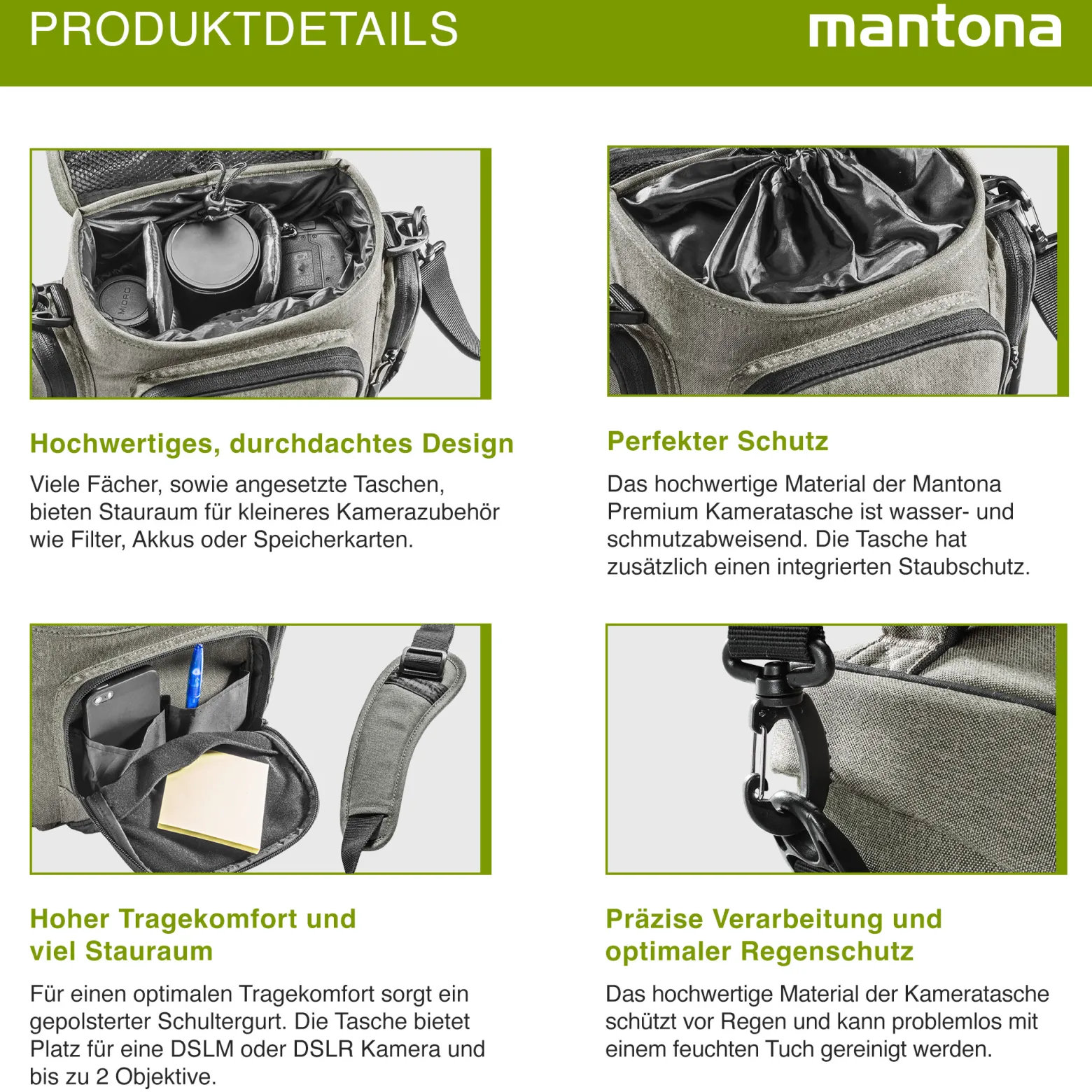 Mantona Premium Kameratasche - Passend für DSLR & DSLM Kameras mit Objektiv (inkl. Staubschutz, gepolstertem Schultergurt, Clipverschluss, anpassbarer Inneneinteilung) taupe