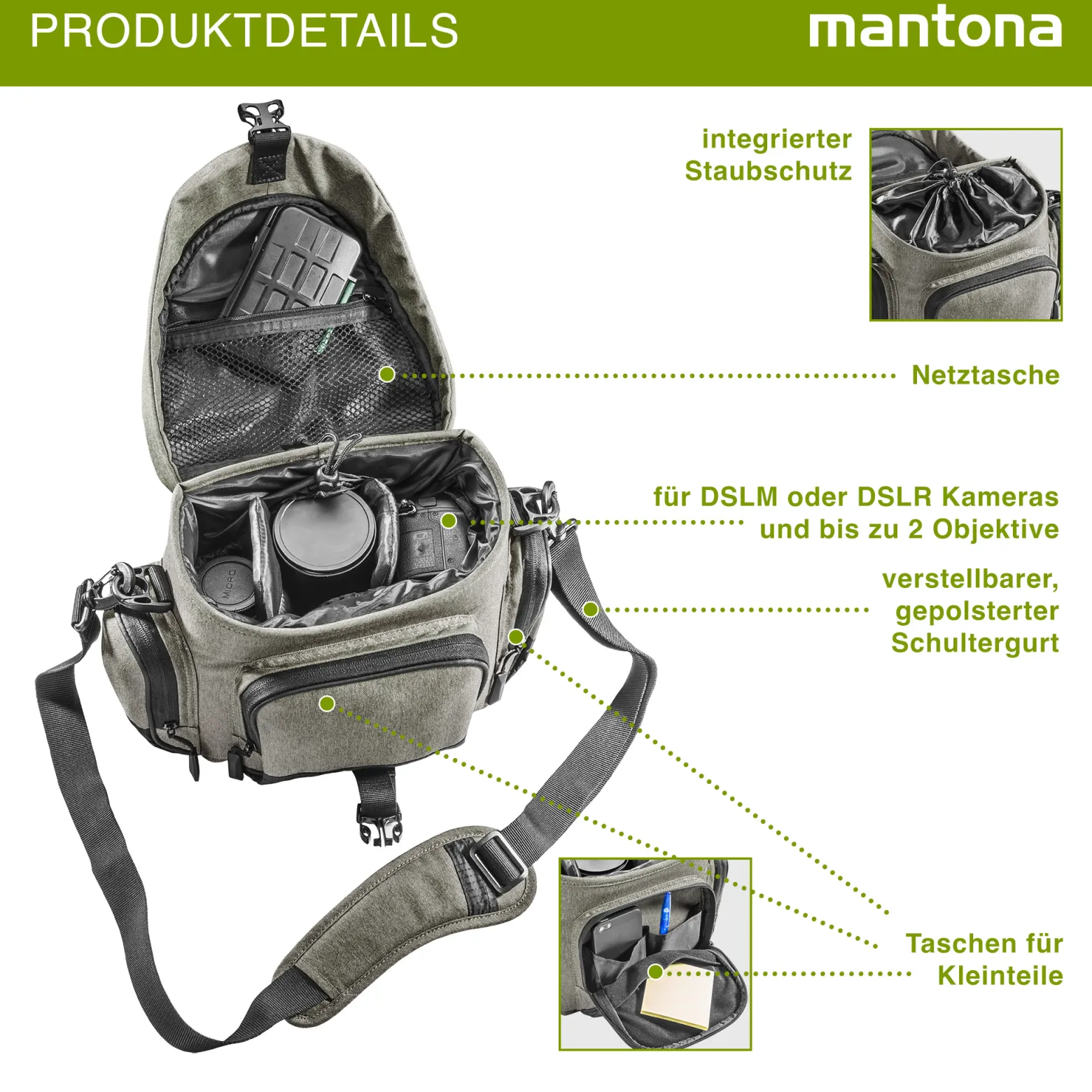 Mantona Premium Kameratasche - Passend für DSLR & DSLM Kameras mit Objektiv (inkl. Staubschutz, gepolstertem Schultergurt, Clipverschluss, anpassbarer Inneneinteilung) taupe
