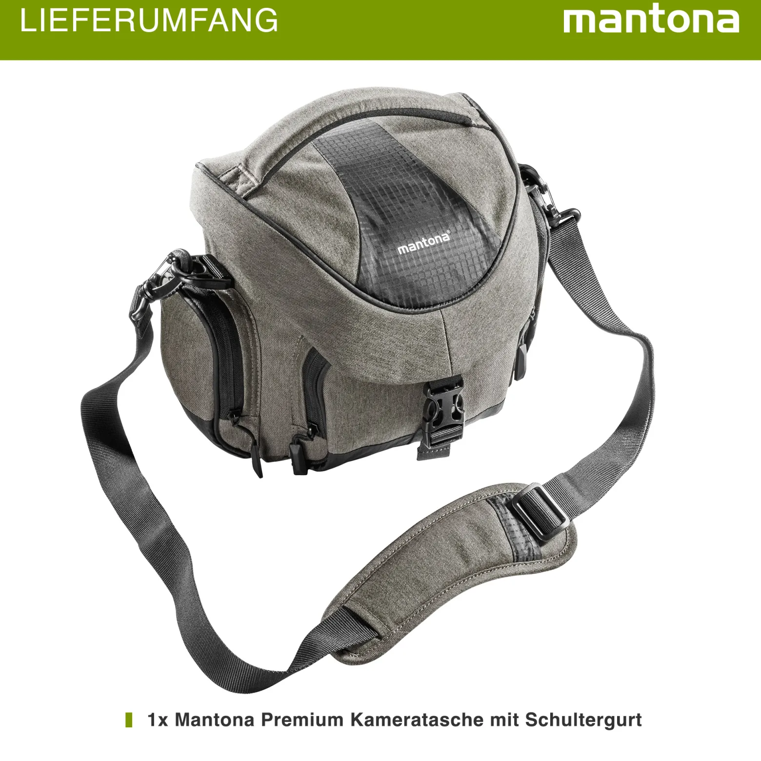 Mantona Premium Kameratasche - Passend für DSLR & DSLM Kameras mit Objektiv (inkl. Staubschutz, gepolstertem Schultergurt, Clipverschluss, anpassbarer Inneneinteilung) taupe