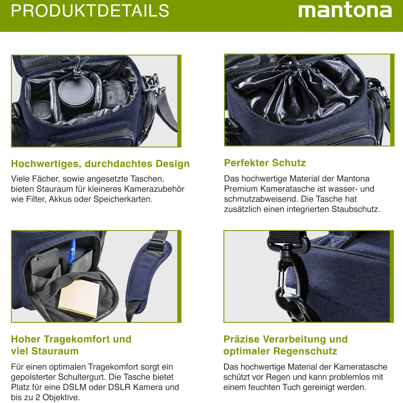 Mantona Premium Kameratasche - Passend für DSLR & DSLM Kameras mit Objektiv (inkl. Staubschutz, gepolstertem Schultergurt, Clipverschluss, anpassbarer Inneneinteilung) blau