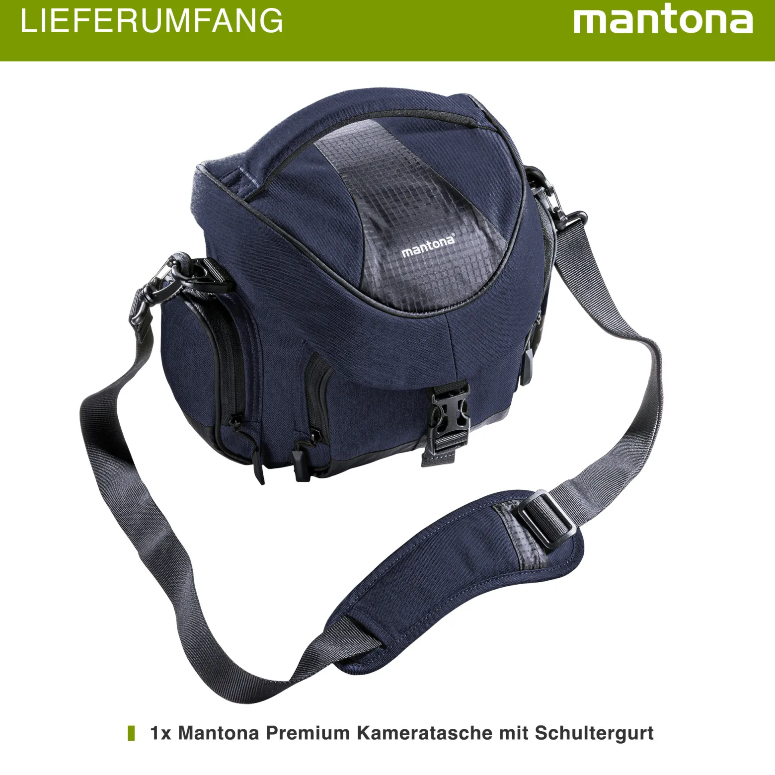Mantona Premium Kameratasche - Passend für DSLR & DSLM Kameras mit Objektiv (inkl. Staubschutz, gepolstertem Schultergurt, Clipverschluss, anpassbarer Inneneinteilung) blau
