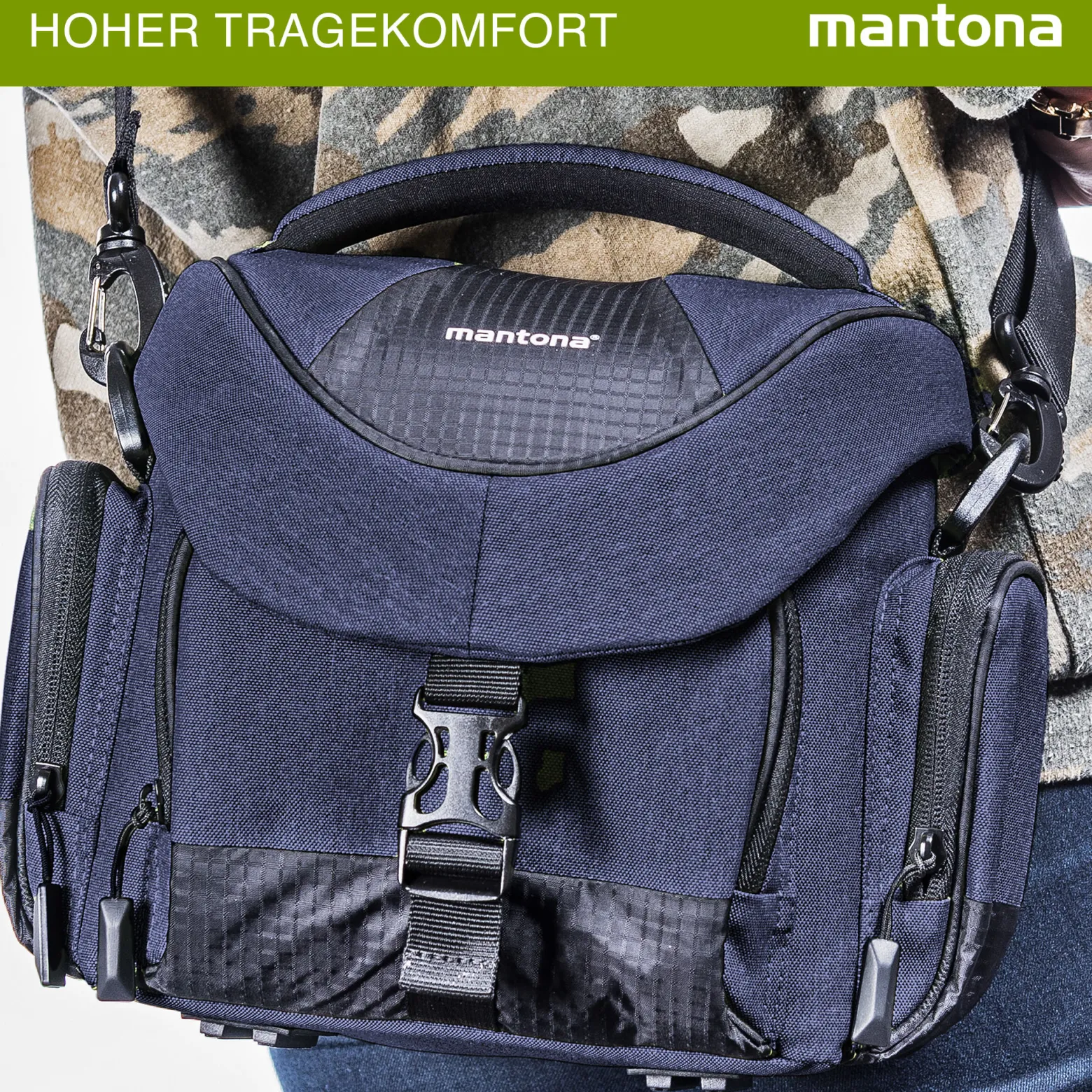 Mantona Premium Kameratasche - Passend für DSLR & DSLM Kameras mit Objektiv (inkl. Staubschutz, gepolstertem Schultergurt, Clipverschluss, anpassbarer Inneneinteilung) blau