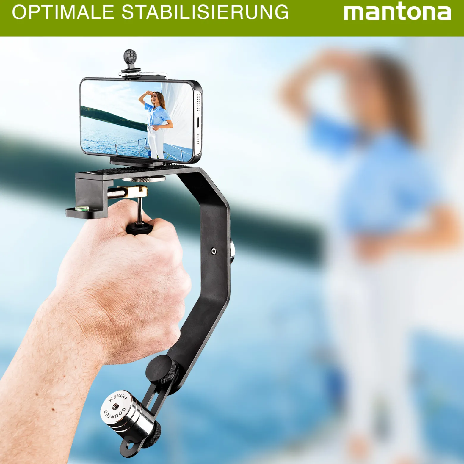 Mantona Schwebestativ - 240 x 160 x 30 mm - kompatibel mit vielen Marken/Modellen - 1/4" Gewinde - für Smartphone, Camcorder, Actioncam, Kamera - mit 5 Gegengewichten Schaumstoffgriff, Dosenlibelle