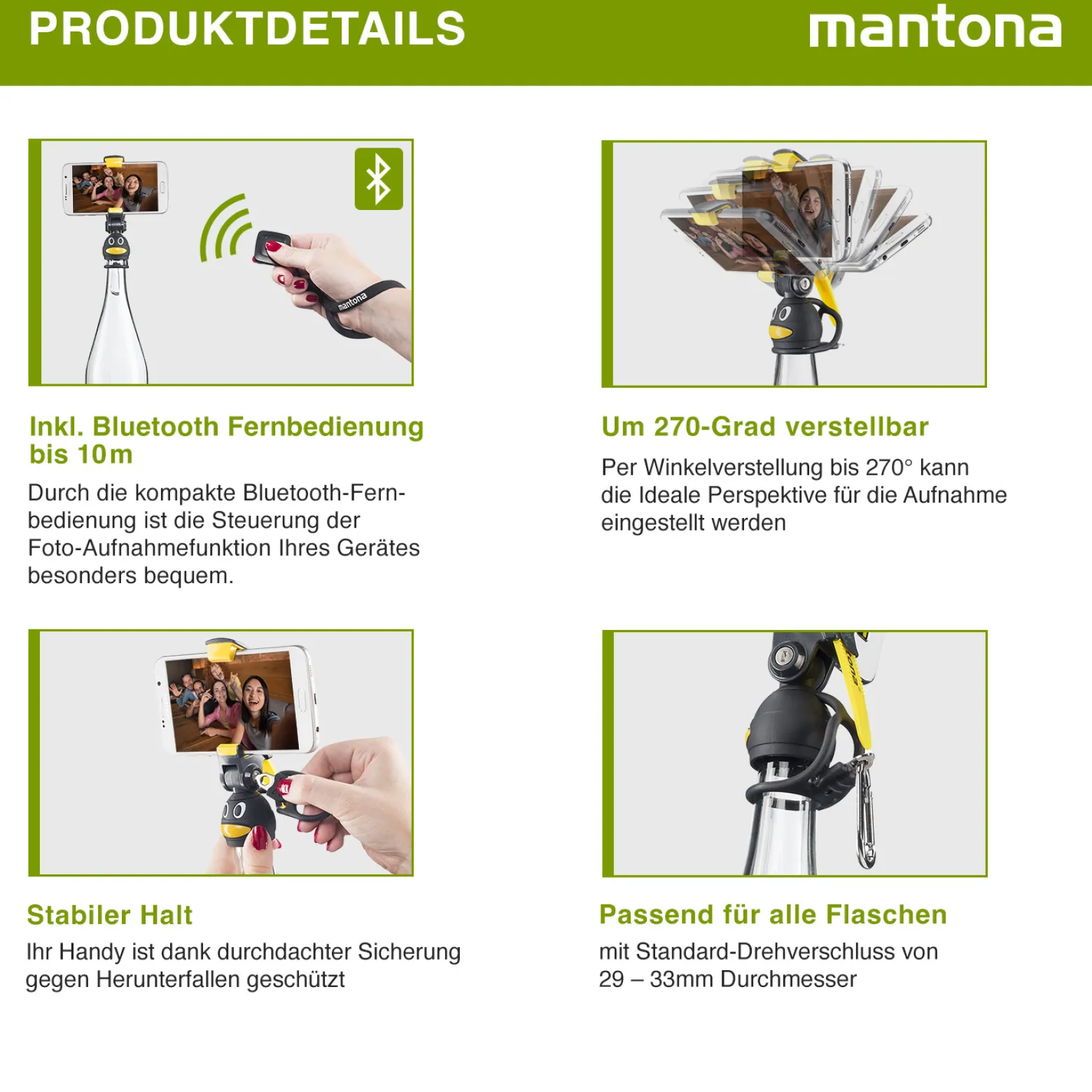 Mantona Smartphone Bottle Selfie Halter Pinguin schwarz/gelb Handstativ Selfie Stick mit Bluetooth Fernbedienung