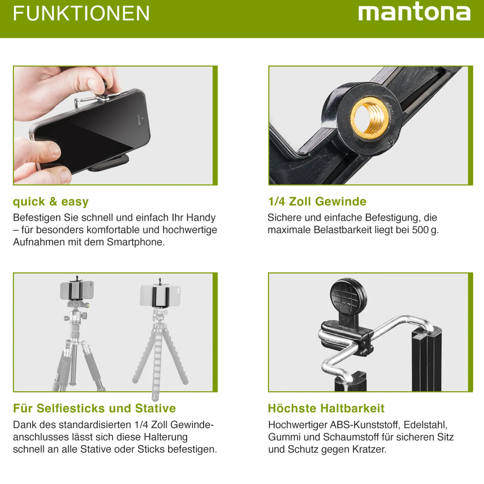 Mantona Smartphone Halter Quick & Easy 85 - 53 x 29 x 80 mm / Klemmbreite 55 bis 85 mm - mit 1x 1/4 Zoll - für Smartphone und kompatibel mit iPhone