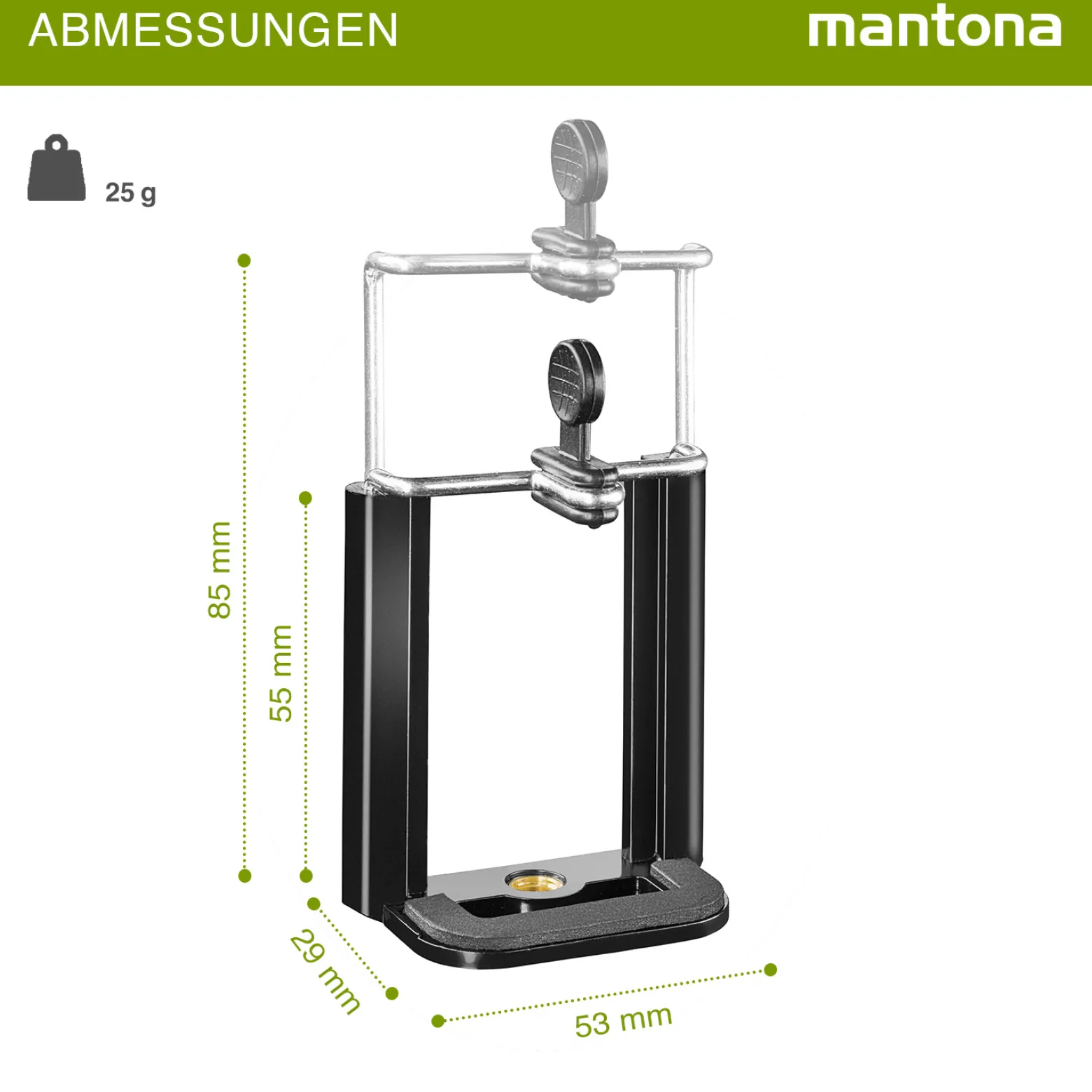 Mantona Smartphone Halter Quick & Easy 85 - 53 x 29 x 80 mm / Klemmbreite 55 bis 85 mm - mit 1x 1/4 Zoll - für Smartphone und kompatibel mit iPhone