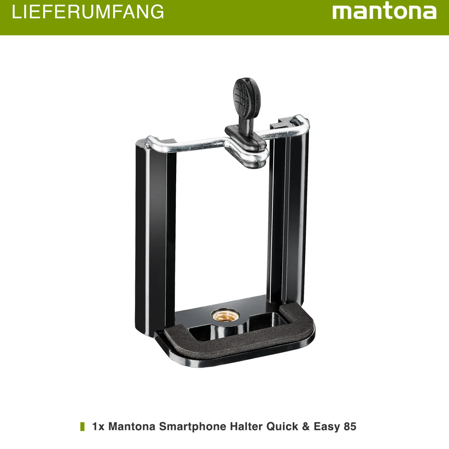 Mantona Smartphone Halter Quick & Easy 85 - 53 x 29 x 80 mm / Klemmbreite 55 bis 85 mm - mit 1x 1/4 Zoll - für Smartphone und kompatibel mit iPhone