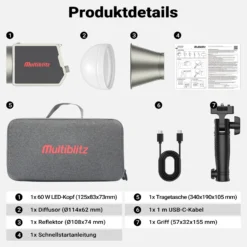 Multiblitz Set aus MB-PL LED 60B Fotolicht mit FT-8051 Lampenstativ und Octagon Softbox Ø 40 cm