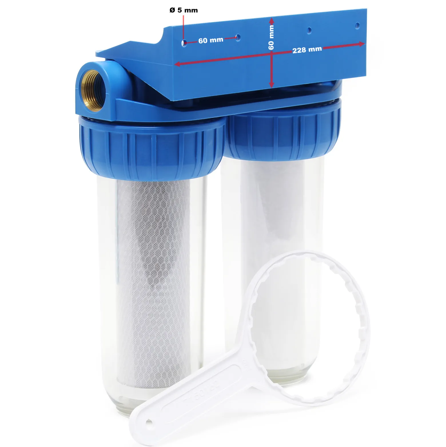 Naturewater NW-BR10B3 2 Stufen Wasserfilter Doppelfilter, 5 µ, 26,16 mm (3/4"), Ø62 mm PP Kartusche, Filter Wandhalterung, Filterschlüssel, Sedimentfilter Aktivkohleblock