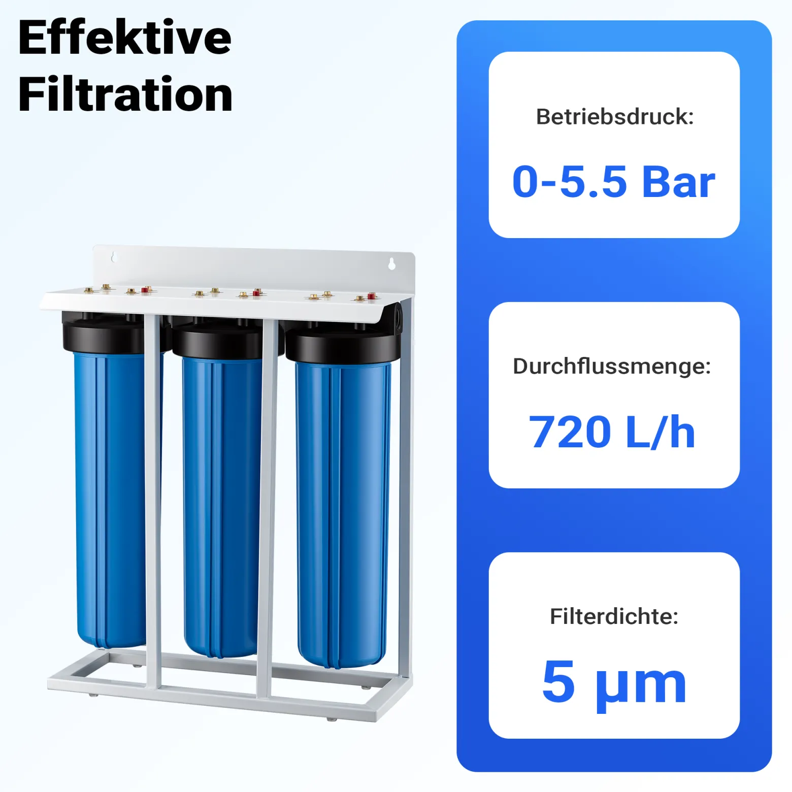 Naturewater NW-BRL03-LS3 3 Stufen Wasserfilter, 5 µ, 32,89 mm (1"), Ø113 mm PP Kartusche, Filter Wandhalterung, Filterschlüssel, Sedimentfilter Aktivkohleblock Aktivkohlegranulat