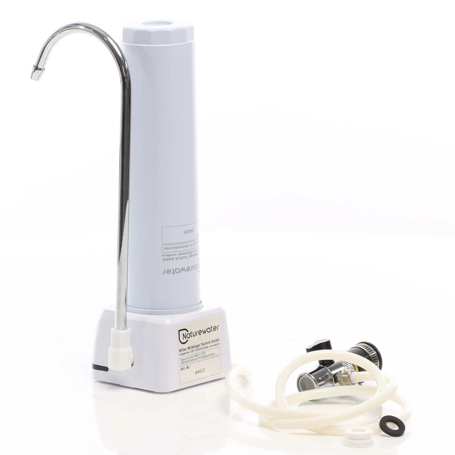 Naturewater NW-1-CTO 1 Stufen Counter Top Wasserfilter, 5 µ, Aktivkohle Block Filtereinsatz, Kartusche Filter, mit Universaladapter, Wasserhahn