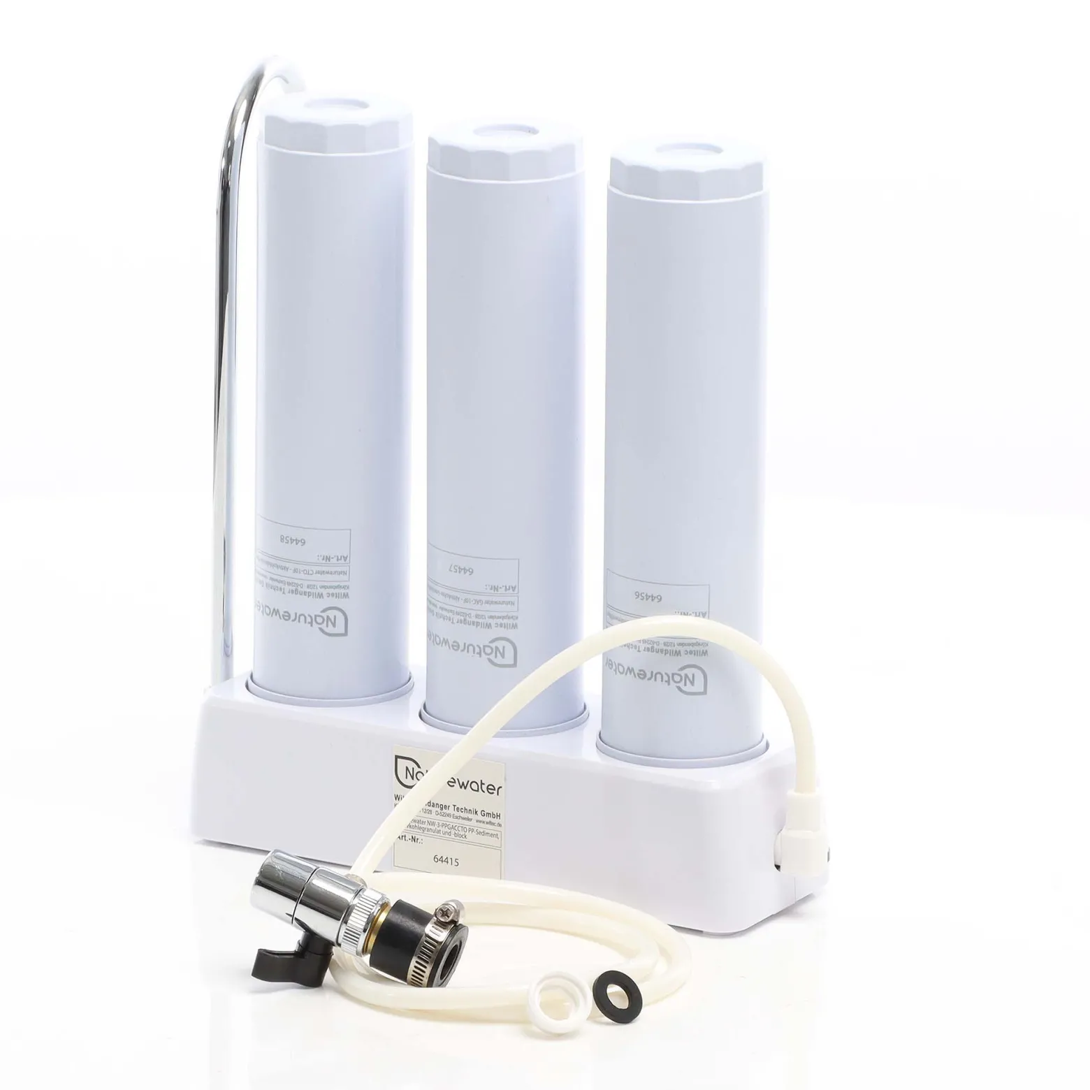 Naturewater NW-3-PPGACCTO 3 Stufen Counter Top Wasserfilter, 5 µ, PP Sediment, Aktivkohle Granulat, Aktivkohle Block Filtereinsatz, mit Universaladapter, Wasserhahn