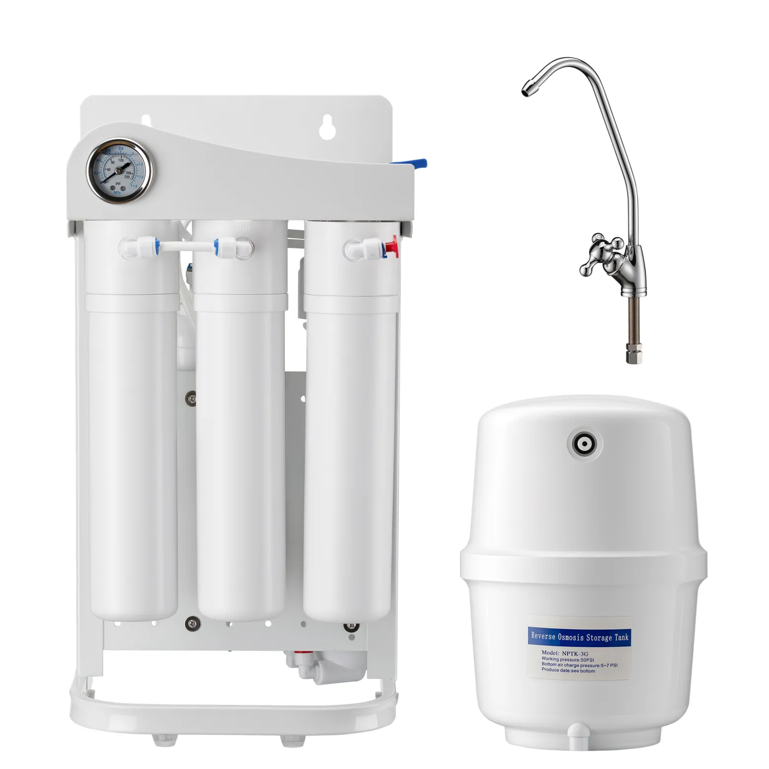 Naturewater NW-RO50-G1 5 Stufen Umkehrosmose 180 L/Tag mit Rahmen und Druckanzeige, RO Omsoseanlage für sauberes Trinkwasser