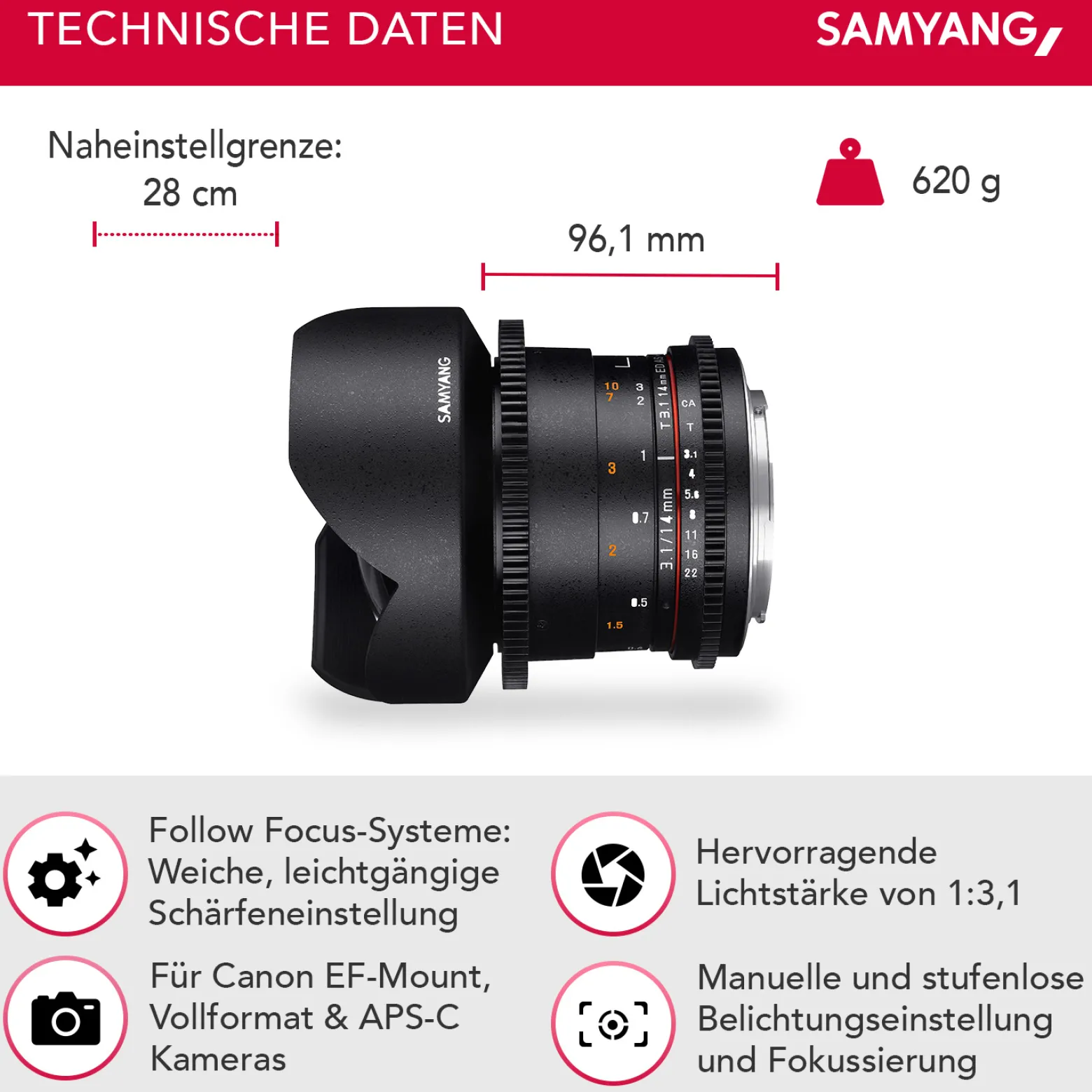 SAMYANG 14mm T3.1 VDSLR ED AS IF UMC II Canon EF manueller Fokus Videoobjektiv 0,8 Zahnkranz Gear, Weitwinkelobjektiv schwarz