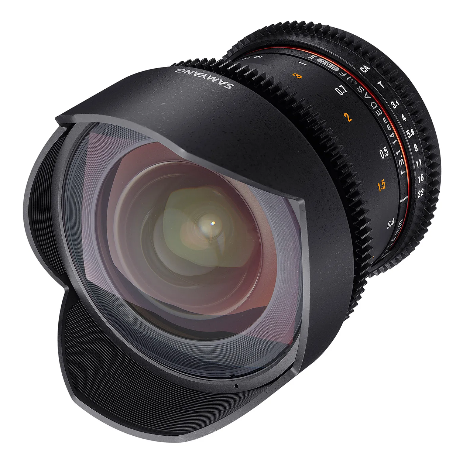 SAMYANG 14mm T3.1 VDSLR ED AS IF UMC II Canon EF manueller Fokus Videoobjektiv 0,8 Zahnkranz Gear, Weitwinkelobjektiv schwarz