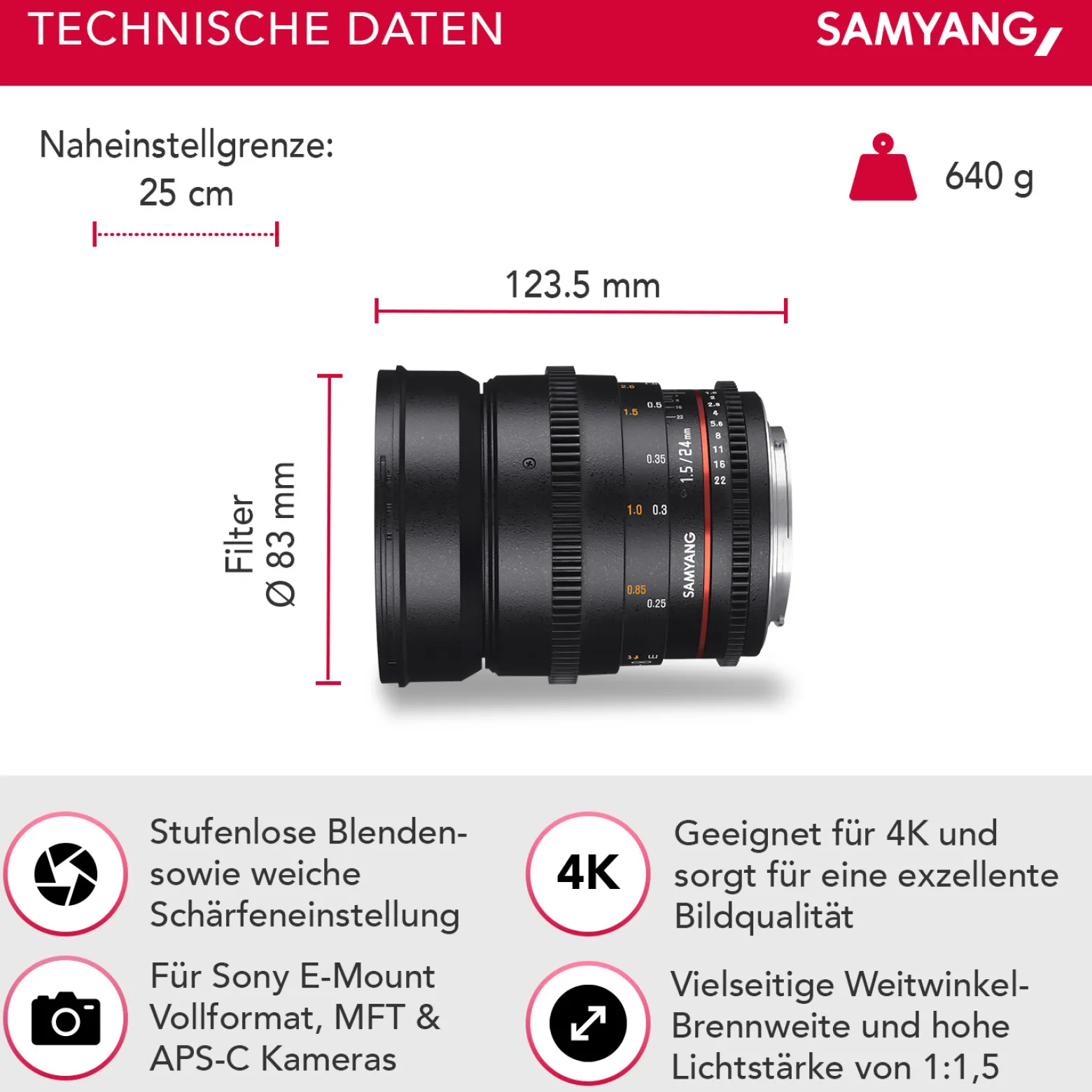 SAMYANG Objektiv Video DSLR II Sony E 24 mm / T1.5 Manueller Fokus Videoobjektiv 0,8 Zahnkranz Gear, Weitwinkelobjektiv, schwarz