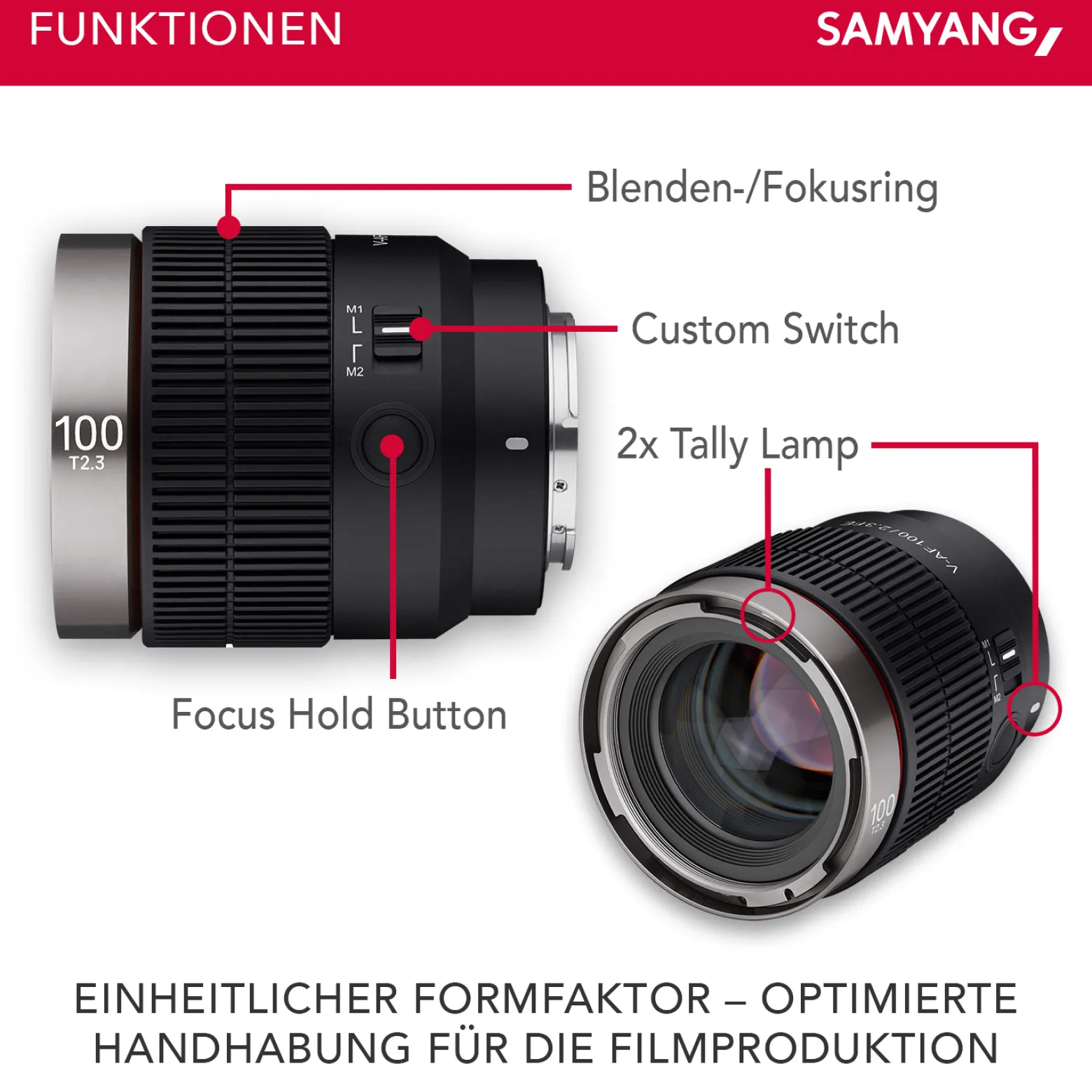 Samyang V-AF 100 mm T2,3 FE Video-Objektiv kompatibel mit Sony E, Kameraobjektiv mit Autofokus, 8K Auflösung, hohe Lichtstärke, integrierte Tally Lamp geeignet für Vollformat und APS-C