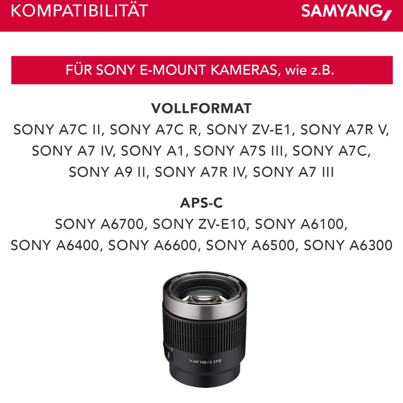 Samyang V-AF 100 mm T2,3 FE Video-Objektiv kompatibel mit Sony E, Kameraobjektiv mit Autofokus, 8K Auflösung, hohe Lichtstärke, integrierte Tally Lamp geeignet für Vollformat und APS-C