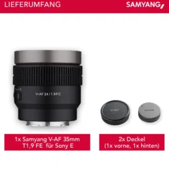 Samyang V-AF 24 mm T1,9 FE Video-Objektiv kompatibel mit Sony E, Kameraobjektiv mit Autofokus, 8K Auflösung, hohe Lichtstärke, integrierte Tally Lamp geeignet für Vollformat und APS-C