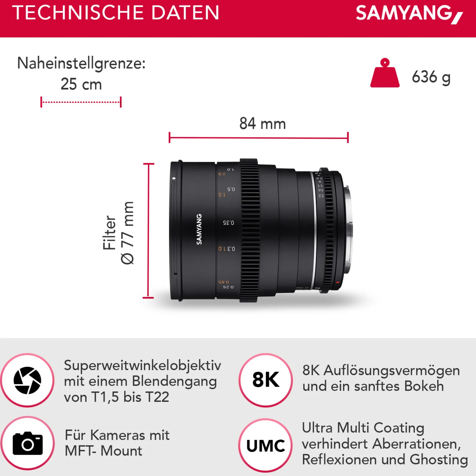 Samyang Weitwinkel Cine- und Video Objektiv MF 24mm T1,5 VDSLR MK2 MFT – lichtstark T1,5 für MFT Mount, 24 mm Festbrennweite, Follow Focus Zahnkränze Vollformat, APS-C und MFT, 8K Auflösung