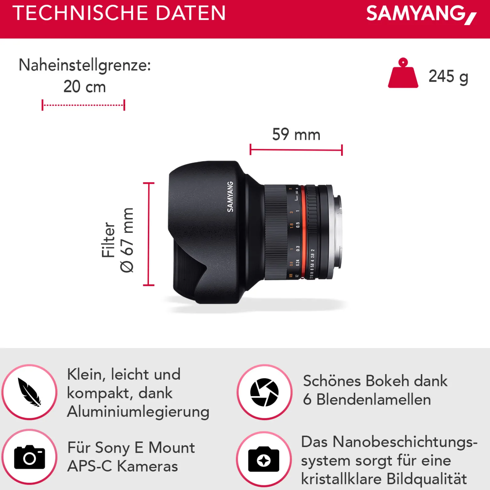 Samyang Weitwinkel Festbrennweite Objektiv 12mm F2.0 APS-C kompatibel mit Sony E – APS-C, MF – für Kameras Alpha 6600 6500 6400 6300 6100 6000 5100 5000 – schwarz