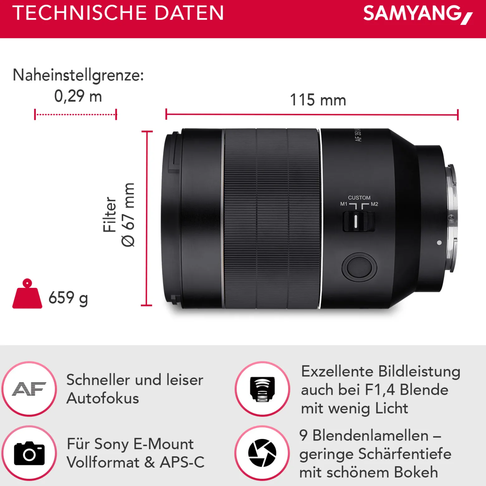 Samyang Weitwinkel Objektiv AF 35mm F1,4 II FE kompatibel mit Sony E Mount – Autofokus Vollformat & APS-C Festbrennweite – für spiegellose Systemkameras – Alu/Wetterschutz – A9 A7 A1 Alpha 6000 Serie