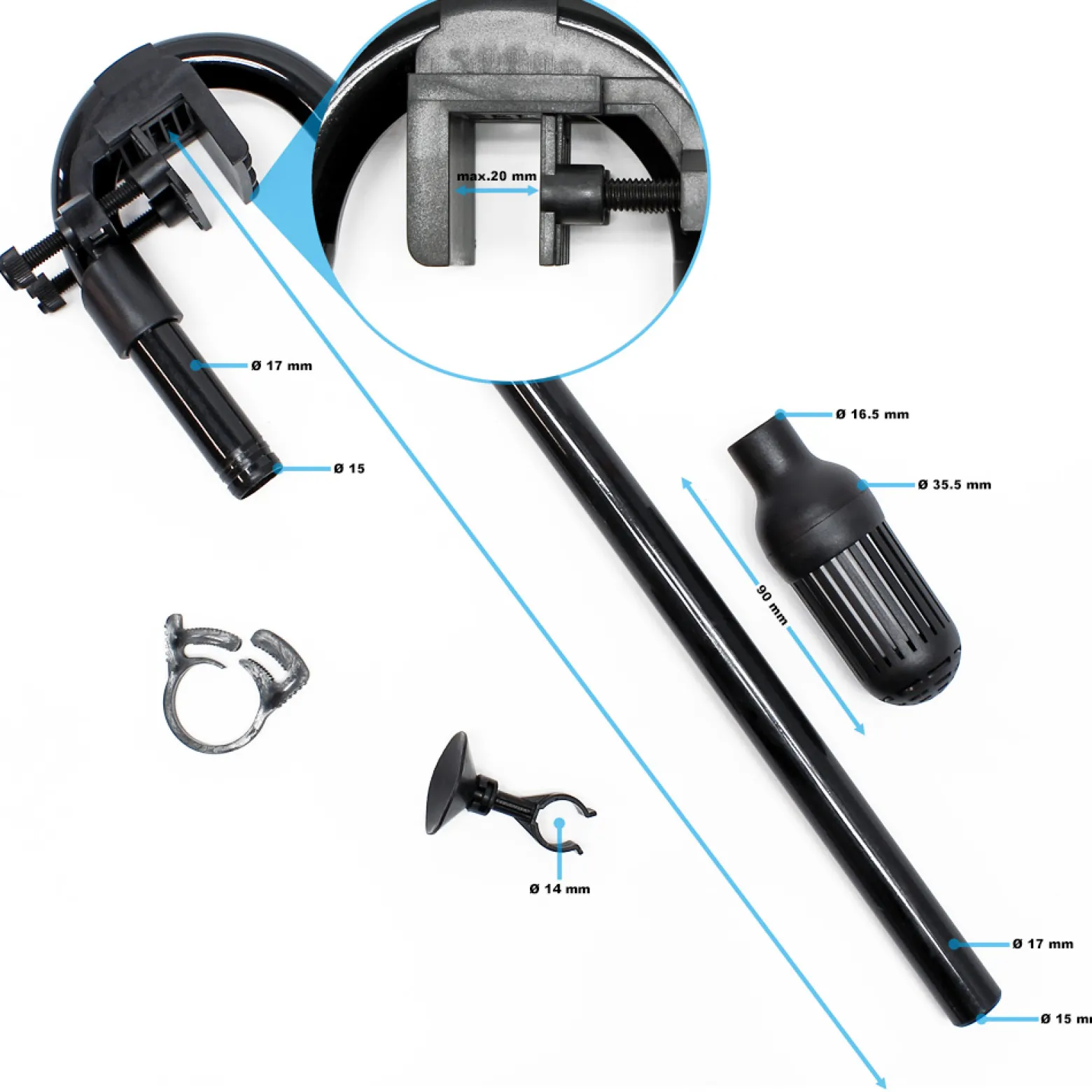 SunSun Ansaugung Ersatzteil Set für HW-702A / HW-703AB Aquarium Außenfilter – 1000 l/h 24 W – mit Ansaugbogenrohr 180° Winkel, Fixierungsklemme, Saughalter, Ansaugkorb, Schlauchschelle