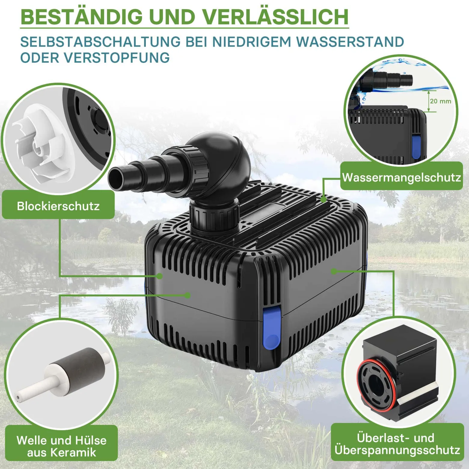 SunSun CDF-6000 Teichpumpe 24V DC / 6000 l/h / 40 W, mit integriertem Blockier- und Trockenlaufschutz