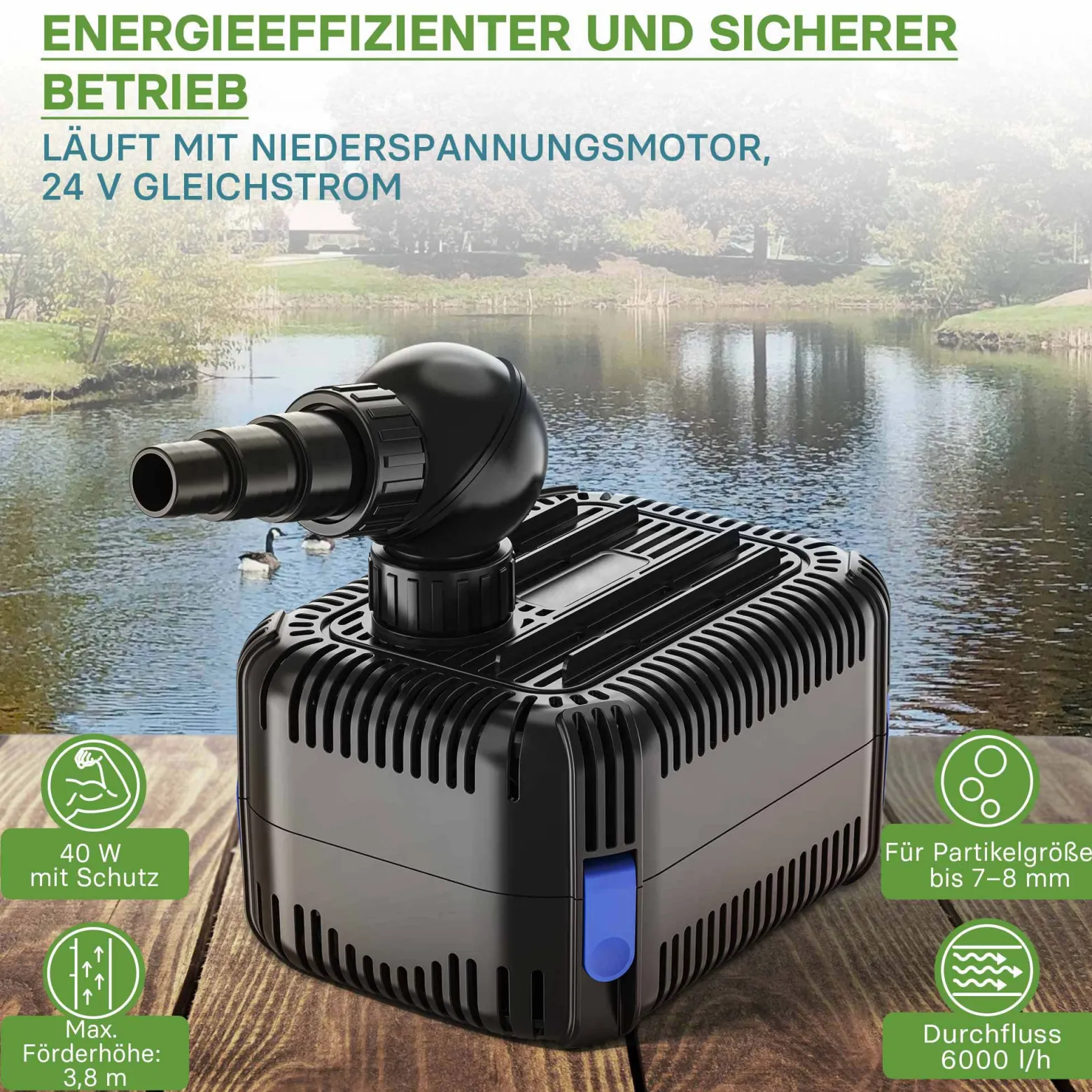 SunSun CDF-6000 Teichpumpe 24V DC / 6000 l/h / 40 W, mit integriertem Blockier- und Trockenlaufschutz