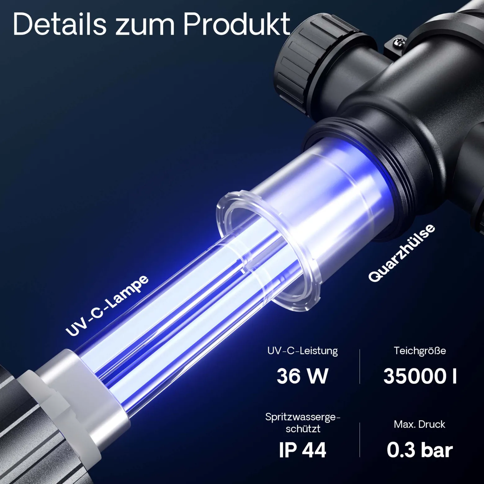 SunSun CUV-136 Teichklärer 4500 l/h / 36 W UVC Vorklärgerät für Teichfilter & Teichpumpe Wasserklärer mit UV-Lampe Lichtfilter zur Algenbekämpfung