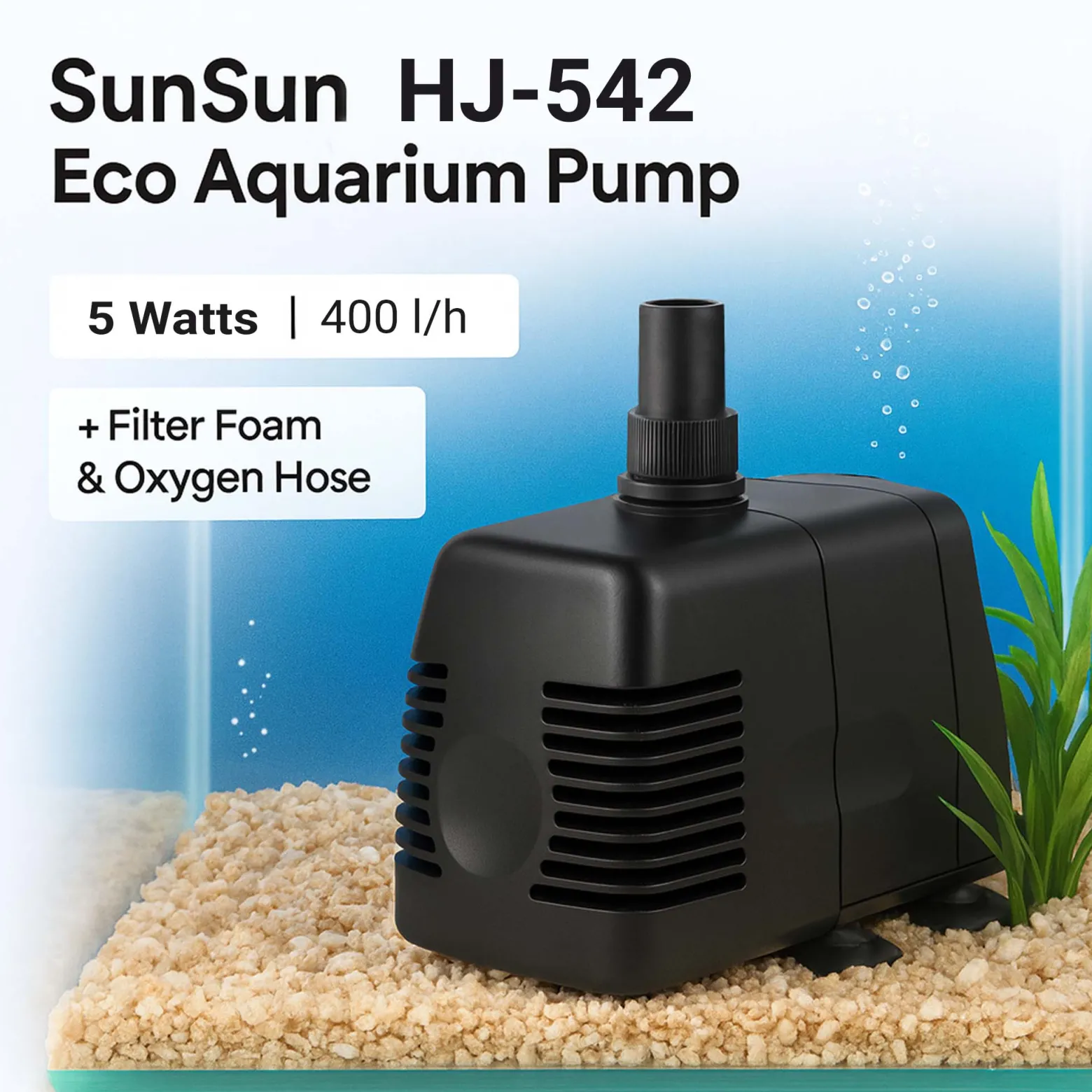 SunSun HJ-542 ECO Aquarium Pumpe 400 L/h 5 W kleine Aquariumpumpe mit Filterschwamm und Sauerstoffschlauch für Mini Aquarium
