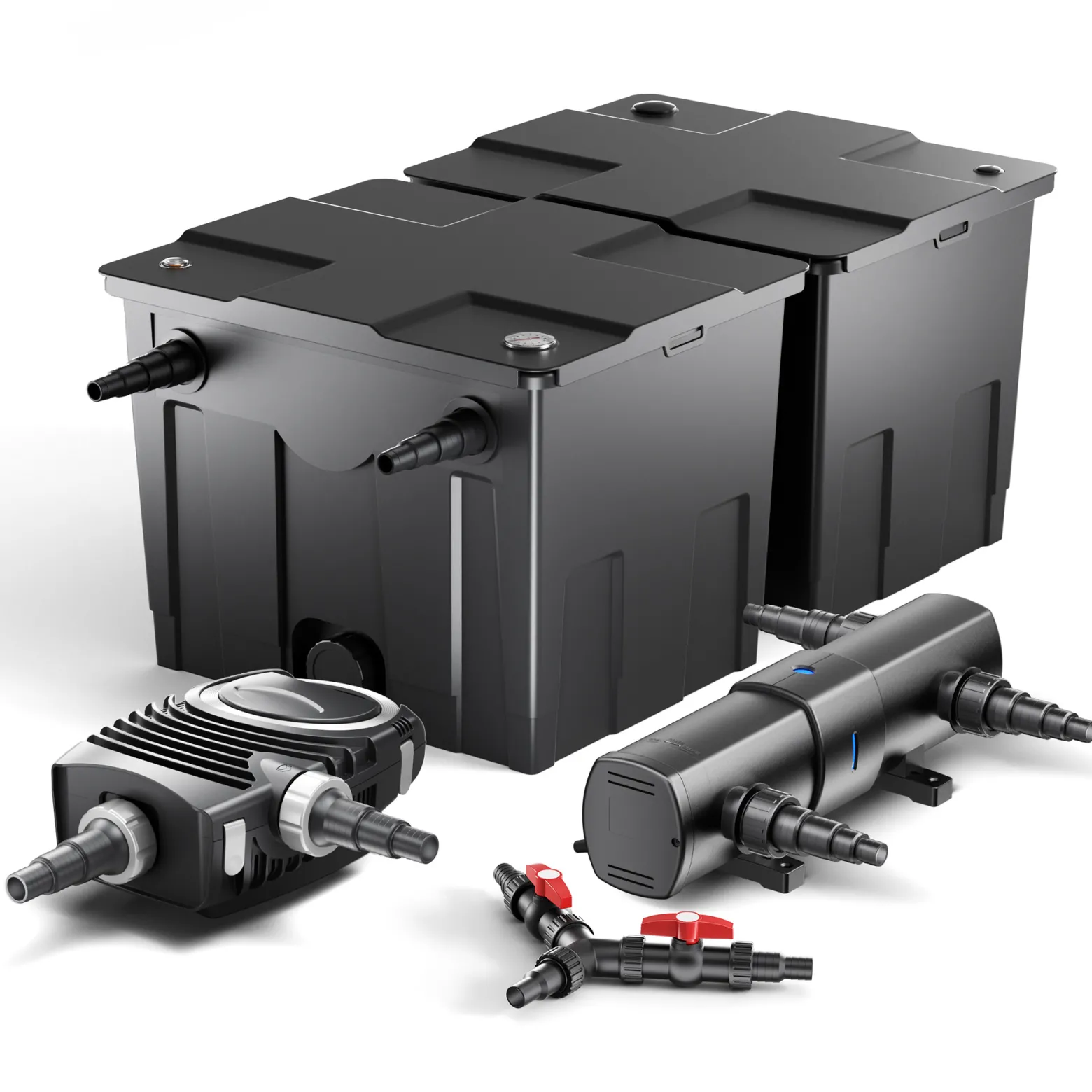 SunSun Komplettset: CBF-350B Teichfilter bis 60000 L, NEO10000 SuperECO Teichpumpe 10000l/h 80W, CUV-224 Teichklärer mit 24W, Y-Verteiler