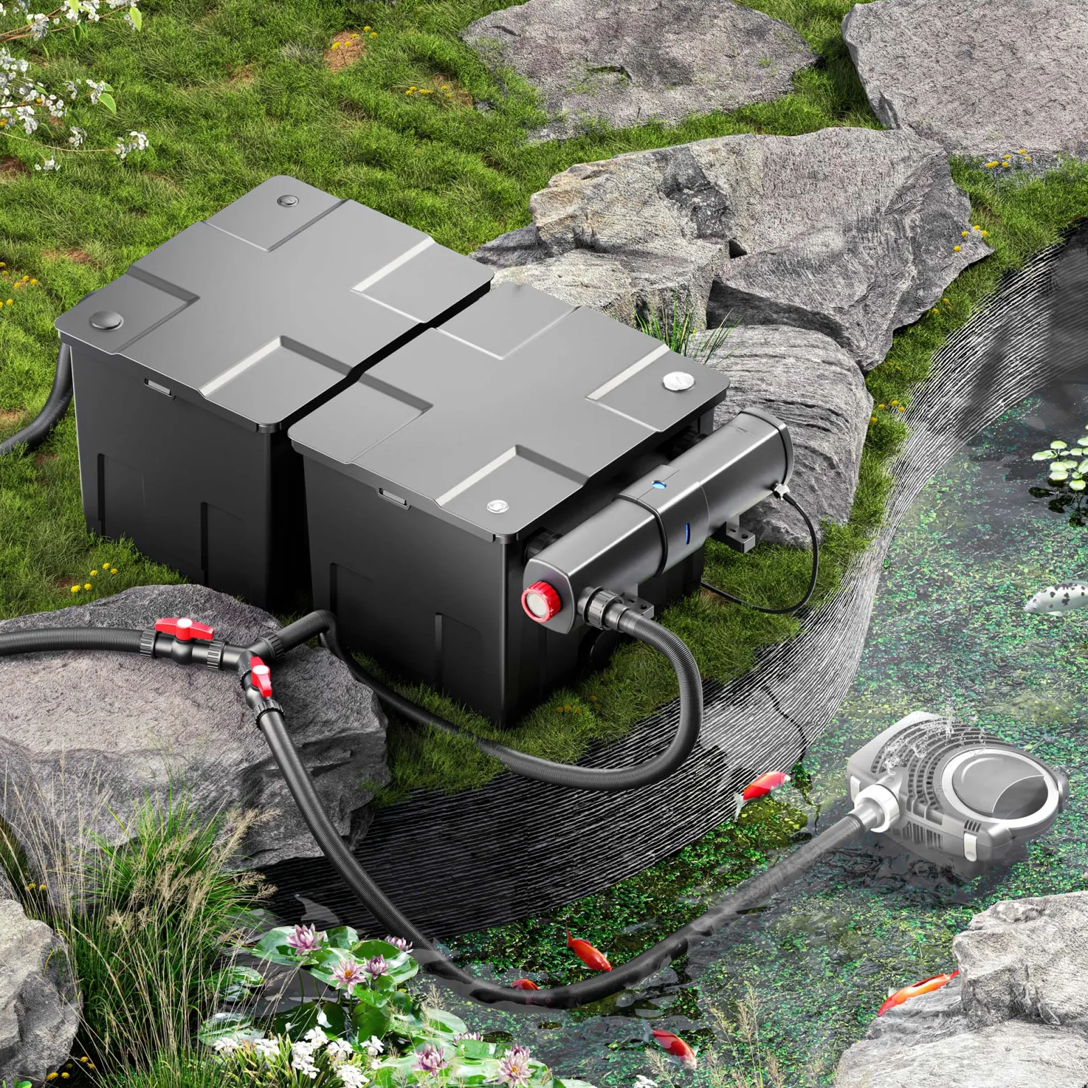 SunSun Komplettset: CBF-350B Teichfilter bis 60000 L, NEO10000 SuperECO Teichpumpe 10000l/h 80W, CUV-224 Teichklärer mit 24W, Y-Verteiler