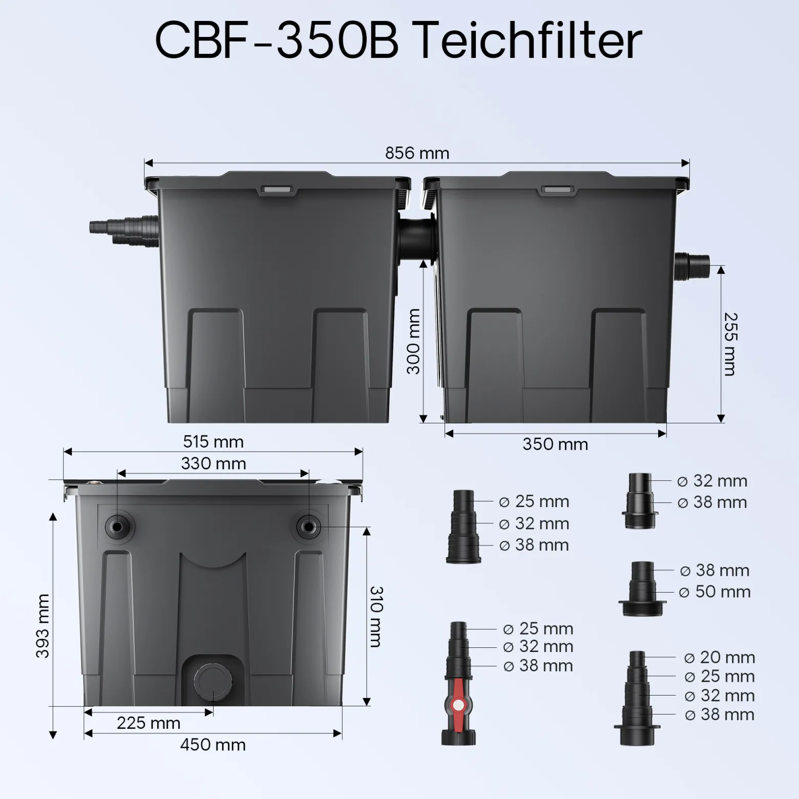 SunSun Komplettset: CBF-350B Teichfilter bis 60000 L Teichfilteranlage als Durchlauffilter, NEO10000 SuperECO Teichpumpe 10000l/h 80W, CUV-236 Teichklärer UVC Klärer mit 36W, Y-Verteiler