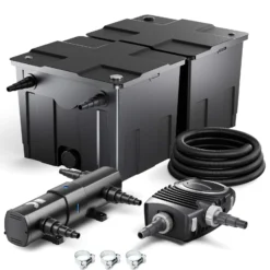 SunSun Komplettset: CBF-350B Teichfilter bis 60000 L Teichfilteranlage Durchlauffilter, NEO8000 Teichpumpe 8000l/h 70W, CUV-224 Teichklärer 24W, 10m Teichschlauch 38 mm, Schlauchschellen W1 44-47mm