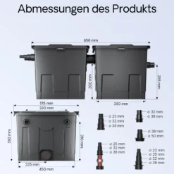SunSun Komplettset: CBF-350B Teichfilter bis 60000 L Teichfilteranlage Durchlauffilter, NEO8000 Teichpumpe 8000l/h 70W, CUV-224 Teichklärer 24W, 10m Teichschlauch 38 mm, Schlauchschellen W1 44-47mm