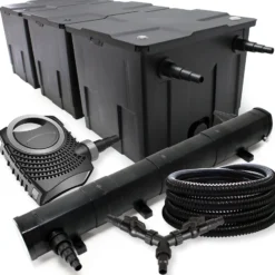 SunSun Komplettset: CBF-350C Teichfilter bis 90000 L Teichfilteranlage Durchlauffilter, NEO10000 Teichpumpe 10000l/h 80W, CUV-272 Teichklärer UVC Klärer mit 72W, 25m Teichschlauch 25 mm, Y-Verteiler