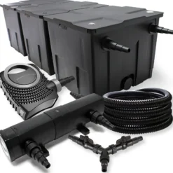 SunSun Komplettset: CBF-350C Teichfilter bis 90000 L Teichfilteranlage Durchlauffilter, NEO10000 Teichpumpe 10000l/h 80W, CUV-236 Teichklärer UVC Klärer mit 36W, 25m Teichschlauch 25 mm, Y-Verteiler