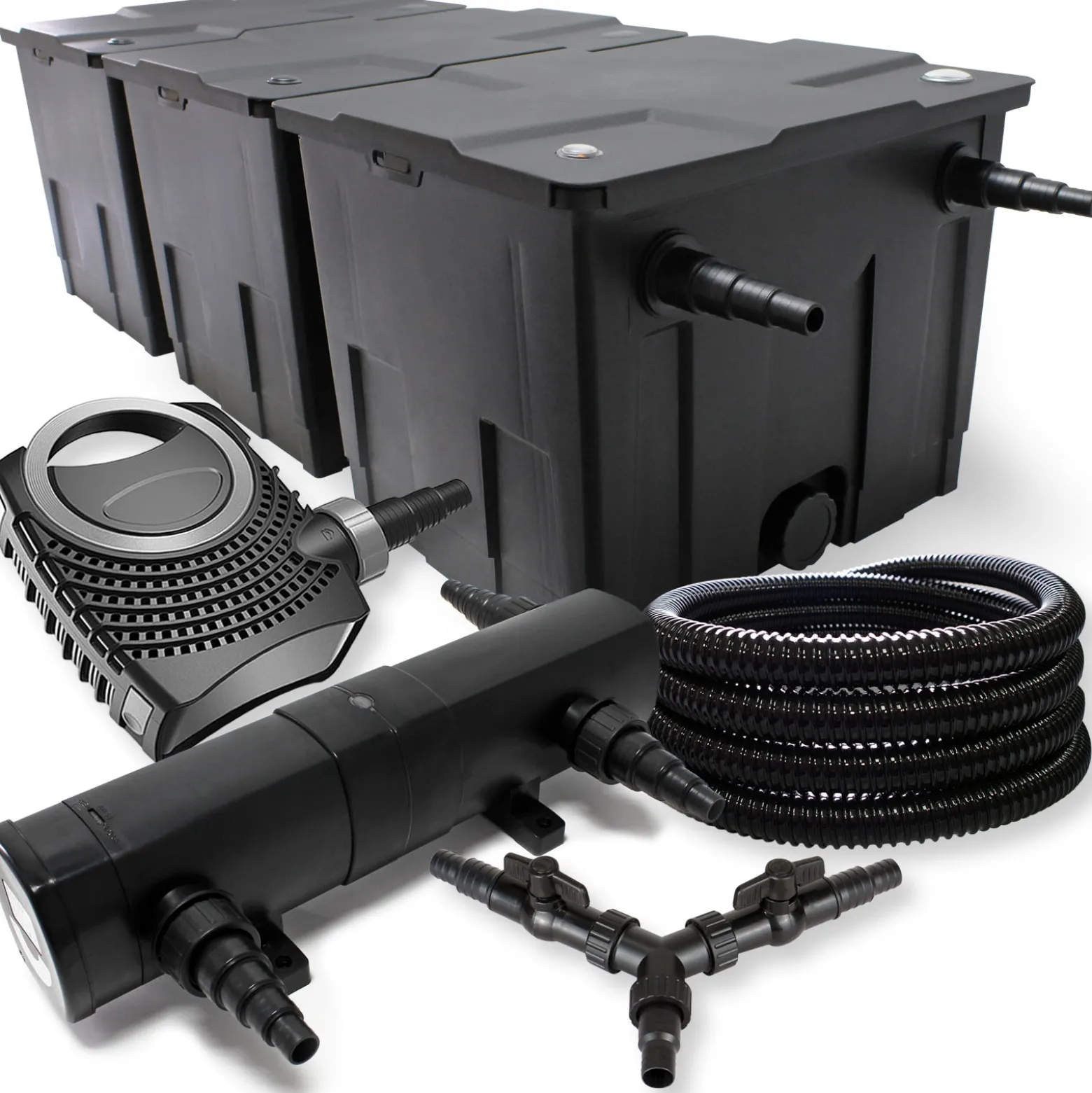 SunSun Komplettset: CBF-350C Teichfilter bis 90000 L Teichfilteranlage Durchlauffilter, NEO10000 Teichpumpe 10000l/h 80W, CUV-236 Teichklärer UVC Klärer mit 36W, 25m Teichschlauch 25 mm, Y-Verteiler