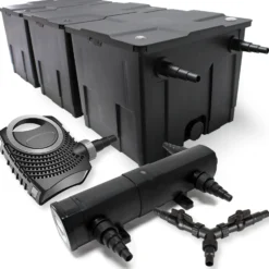 SunSun Komplettset: CBF-350C Teichfilter bis 90000 L Teichfilteranlage als Durchlauffilter, NEO10000 SuperECO Teichpumpe 10000l/h 80W, CUV-218 Teichklärer UVC Klärer mit 18W, Y-Verteiler