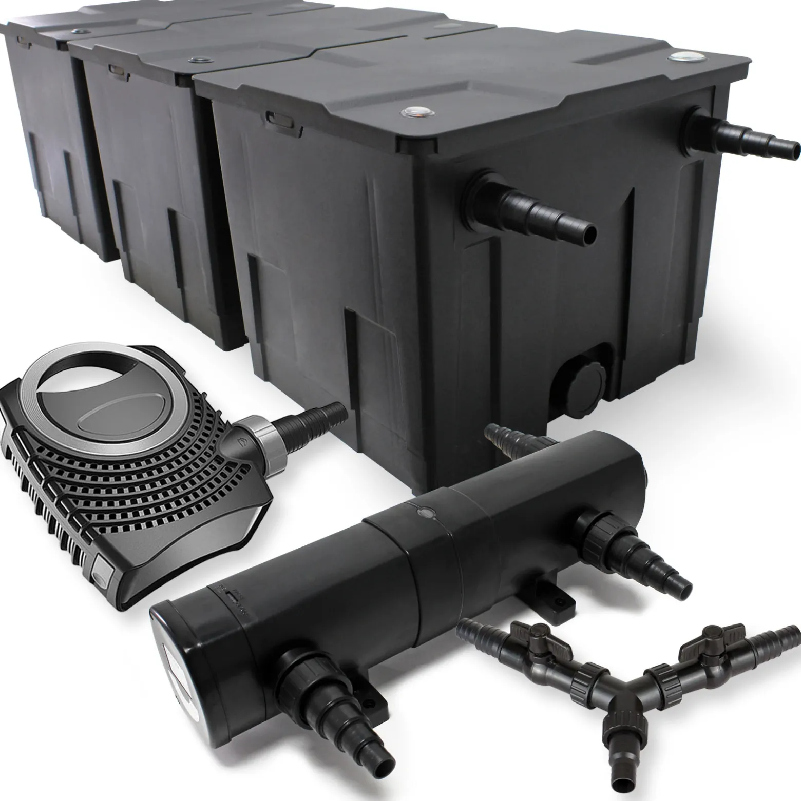 SunSun Komplettset: CBF-350C Teichfilter bis 90000 L Teichfilteranlage als Durchlauffilter, NEO10000 SuperECO Teichpumpe 10000l/h 80W, CUV-218 Teichklärer UVC Klärer mit 18W, Y-Verteiler