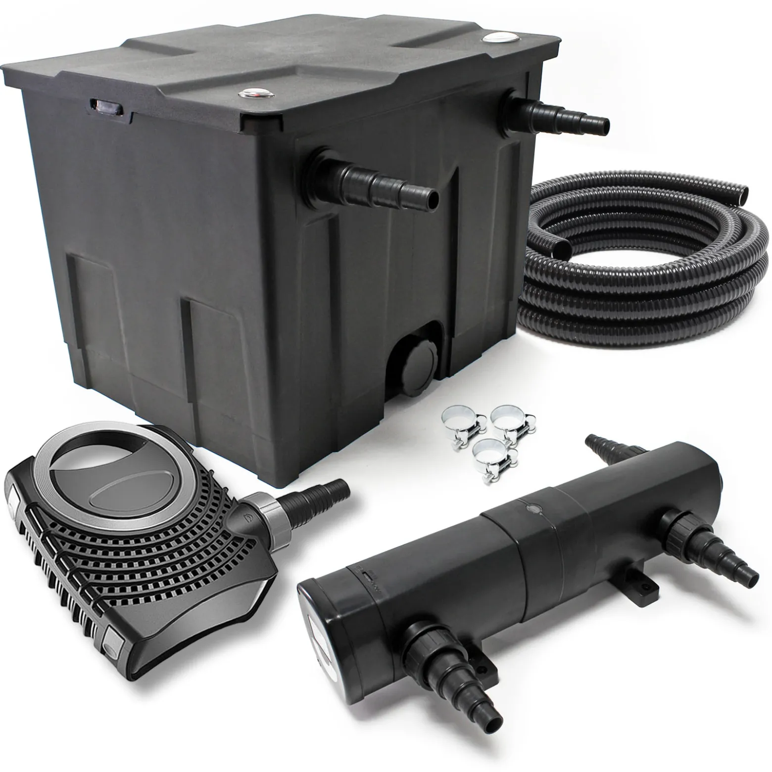 SunSun Komplettset: CBF-350 Teichfilter bis 12000L Teichfilteranlage Durchlauffilter, NEO3800 Teichpumpe 3600l/h 20W, CUV-224 Teichklärer 24W, 5m Teichschlauch 38 mm (1 1/2"), Schlauchschellen 44-47mm