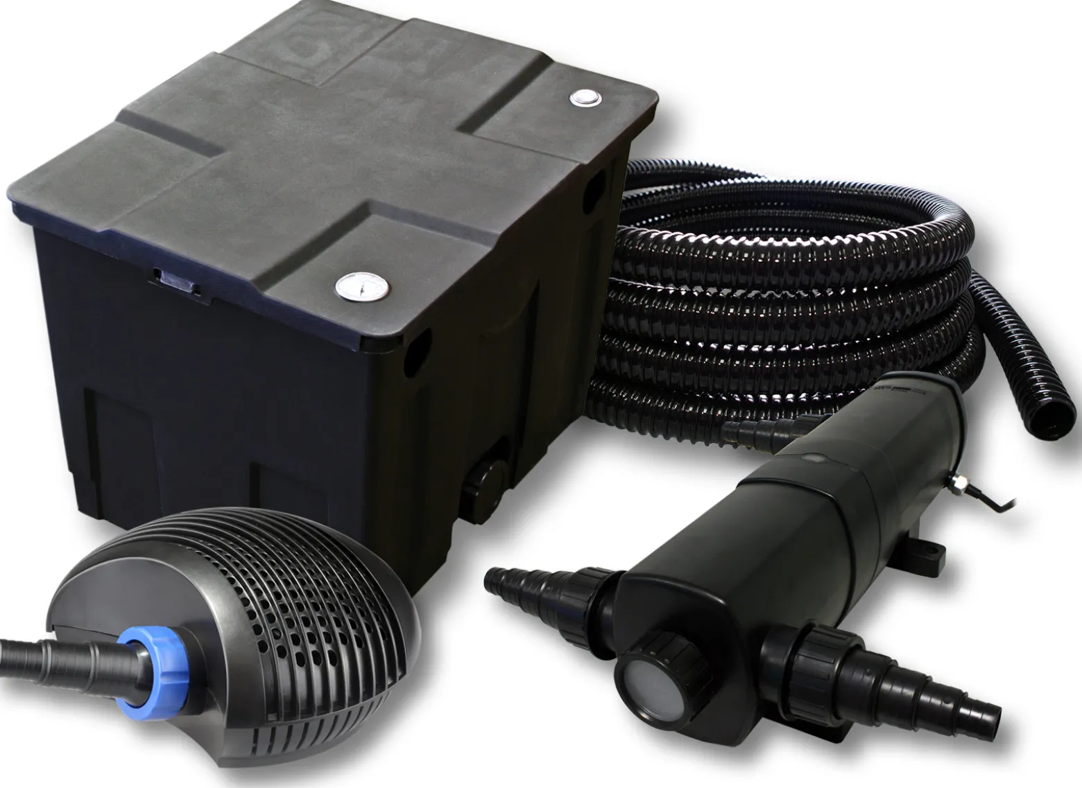 SunSun Komplettset: CBF-350 Teichfilter bis 12000 L Teichfilteranlage als Durchlauffilter, CTF-3800 SuperECO Teichpumpe 3600l/h 20W, CUV-218 Teichklärer UVC Klärer mit 18W, 25m Teichschlauch 25 mm