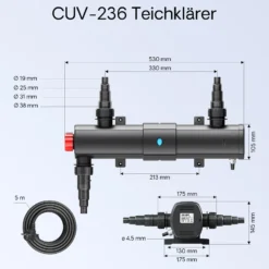 SunSun Komplettset: CBF-550 Teichfilter bis 60000 L Teichfilteranlage als Durchlauffilter, CTF-8000 SuperECO Teichpumpe 8000l/h 70W, CUV-236 Teichklärer UVC Klärer mit 36W, Y-Verteiler